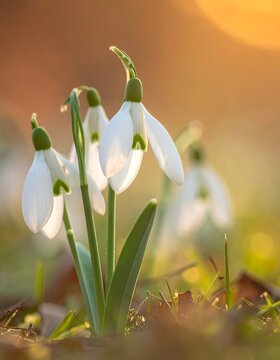 Delicate snowdrop flowers illuminated by golden sunlight, close up