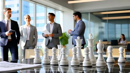 Chess strategy session in modern office setting with business professionals discussing tactics and teamwork - Powered by Adobe