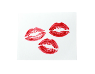 Three vibrant red lip prints arranged on a white background, representing affection and intimacy