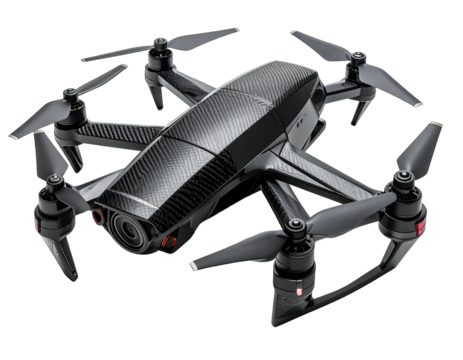 Futuristic black drone with angled arms, propellers, and a camera, positioned on a dark backdrop