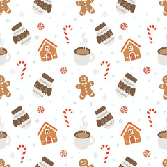 Christmas Seamless Pattern Vector: Gingerbread Man, House, Cocoa, Candy Cane, Mitten, and Stars. White Flat Design for Festive Fabric, Wallpaper, and Baking Background.