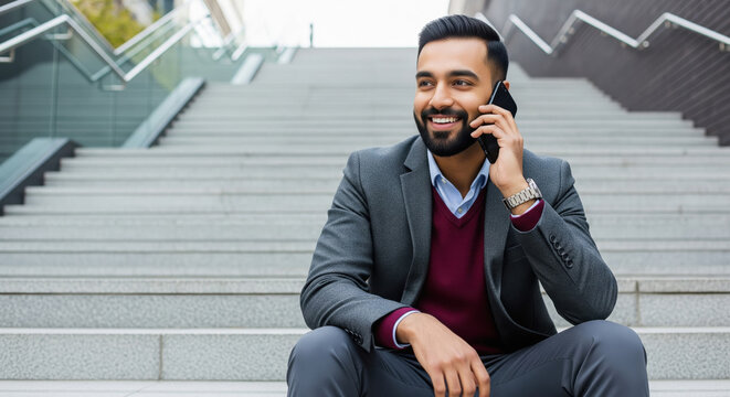 Smiling Young Businessman Talking on Phone on City Stairs