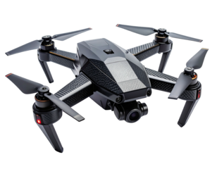 A modern, angular-bodied quadcopter drone with four rotors, poised against a black background