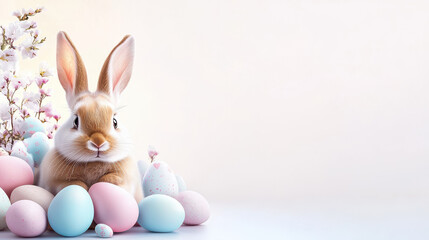 Fototapeta premium Adorable Easter bunny surrounded by pastel colored eggs and blooming spring flowers, perfect for holiday greetings