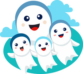 Obraz premium Ghost family floating together with smiles white background 