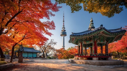 Fototapeta premium N Seoul Tower & Traditional Pavilions in Namsan Park, Seoul, Adorned with Fiery Autumn Maple Leaves