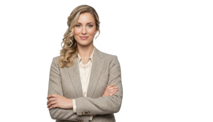 Confident businesswoman in stylish suit with arms crossed, exuding professionalism and success on transparent background