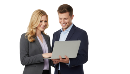 Professional business colleagues reviewing project details on laptop, collaboration and success on transparent background