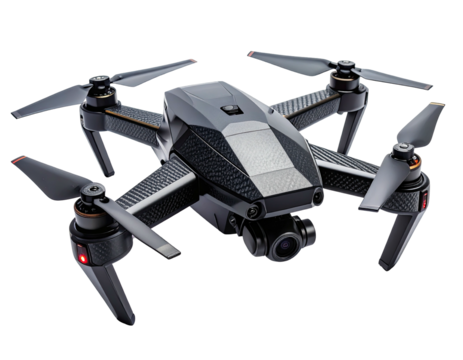 A modern, angular-bodied quadcopter drone with four rotors, poised against a black background