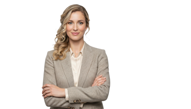 Confident businesswoman in stylish suit with arms crossed, exuding professionalism and success on transparent background - Powered by Adobe