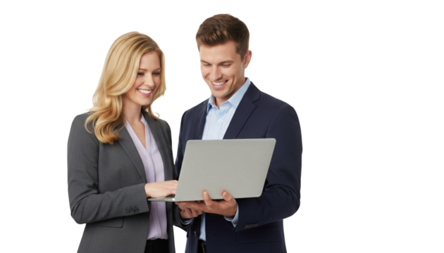 Professional business colleagues reviewing project details on laptop, collaboration and success on transparent background
