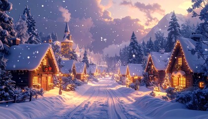 Fototapeta premium Winter wonderland village with snowfall and lights
