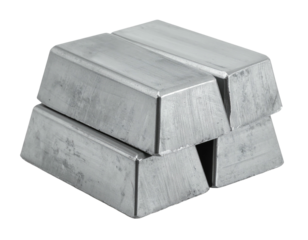 Stacked rectangular bars of raw, silvery metal on a black background, showing surface textures