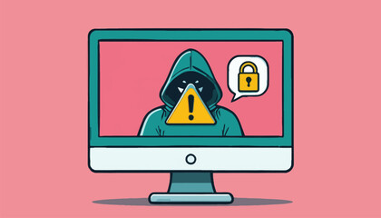 Menacing Hacker on Computer Screen with Padlock and Warning