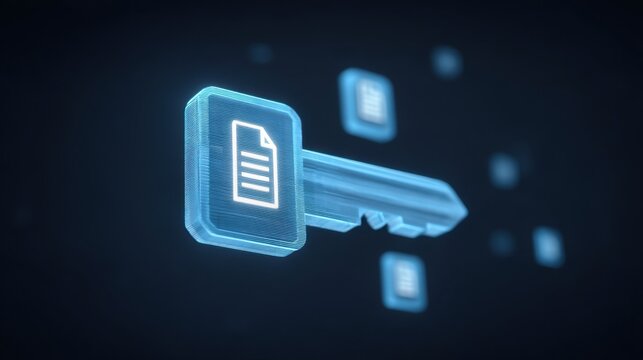 Transparent digital key icon representing data security and protection against unauthorized access, surrounded by floating document symbols in a dark background