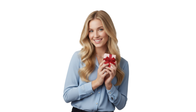 Smiling woman holding gift box with red ribbon, perfect for celebrations and special events on transparent background