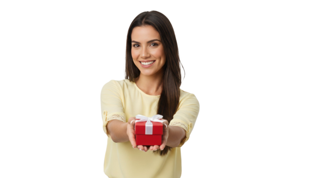 Smiling Hispanic woman offering a red gift box with white ribbon, perfect for celebrations and presents on transparent background
