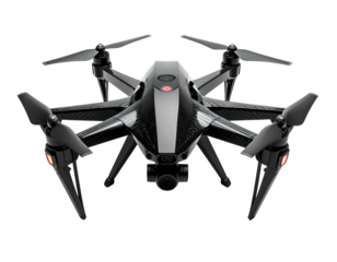 High-angle, close-up of a modern, futuristic drone with multiple propellers and camera facing forward