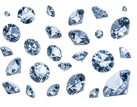 Various brilliant-cut gemstones of different sizes, floating against a stark black background