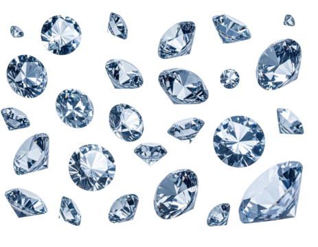 Various brilliant-cut gemstones of different sizes, floating against a stark black background