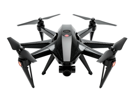 High-angle, close-up of a modern, futuristic drone with multiple propellers and camera facing forward