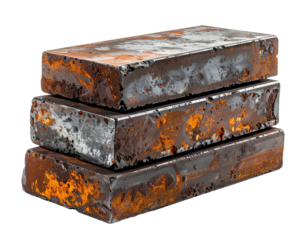 Three rectangular metal blocks, layered, with rusted surfaces, showing a worn, industrial texture