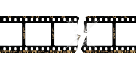 Extreme macro of a heavily distressed vintage film negative strip with five blank white frames, '5008 EPP', a jagged tear, and detailed sprocket holes on transparent, concept of vintage photography