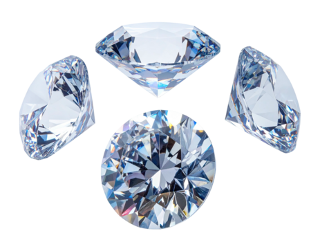 Four angled perspectives of a sparkling, faceted, clear gemstone against a pure black background