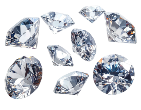 A cluster of precisely cut, radiant gemstones against a stark, pure black backdrop