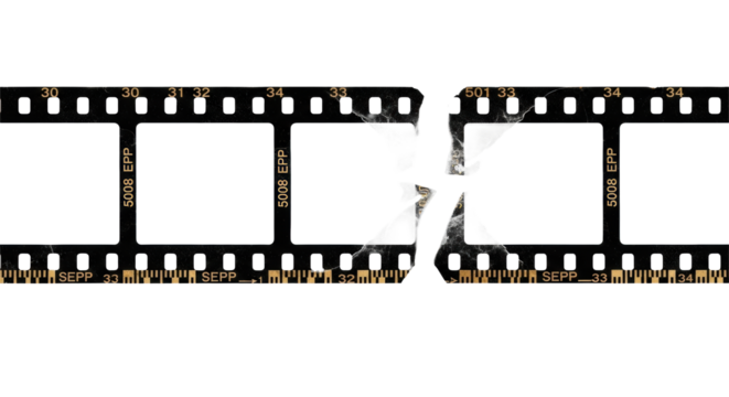 Extreme macro of a heavily distressed vintage film negative strip with five blank white frames, '5008 EPP', a jagged tear, and detailed sprocket holes on transparent, concept of vintage photography