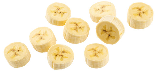 Flying delicious banana slices cut out