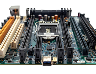 A close-up view of a computer motherboard showcasing intricate circuits and various connection slots
