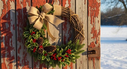 Christmas wreath with bow pine cones and berries on a weathered wooden surface against a snowy outdoor background