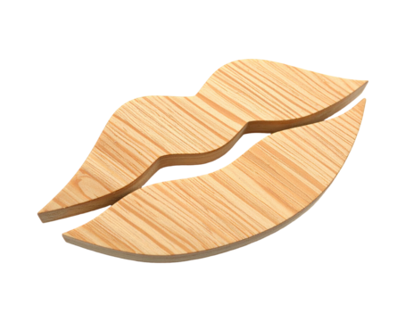 Wooden lips, artfully crafted, suggesting a kiss against a stark black backdrop