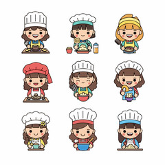 Cute cartoon female chef and baker avatars set performing various cooking activities.