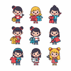 Cute vector set of children engaged in sewing, fashion design, and tailoring activities, holding garments, scissors, and mannequins.