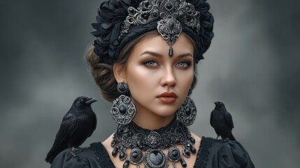 Elegant woman adorned in intricate black jewelry and dark floral headpiece, with ravens perched on her shoulders in a mystical atmospheric setting