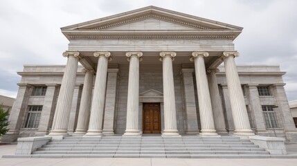Fototapeta premium Grand Neoclassical Building with Tall Columns and Ornate Facade Surrounded by Clouds and a Clear Sky, Ideal for Architectural and Historical Themes