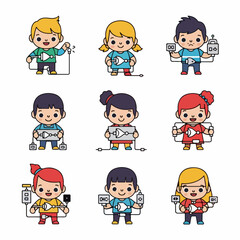 Cute cartoon children holding digital logic gates and circuit symbols, illustrating STEM education and computing concepts.