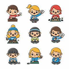 Cute Cartoon Kids Playing Board Games and Card Games. Vector illustrations of happy children enjoying various tabletop games and family leisure activities.