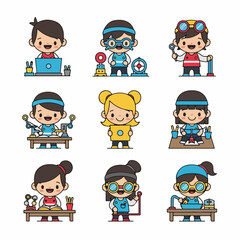 Kawaii STEM Education Collection: Cartoon Children Learning, Coding, and Conducting Science Experiments.