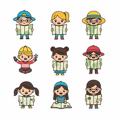 Diverse Cartoon Children Characters Exploring and Navigating with Maps, Isolated Vector Illustration Set.