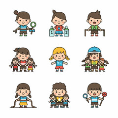 Collection of cute cartoon kids illustrations depicting sports day activities, including jump rope, teamwork, and various games.