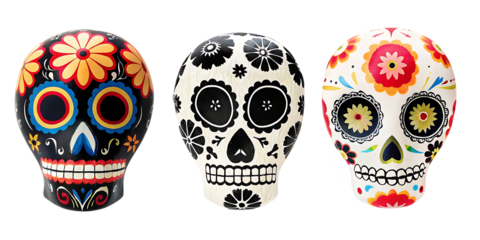 colorful decorated skulls isolated on white background png, ai generated