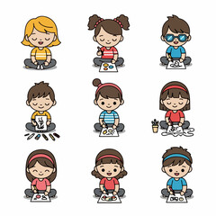 Adorable cartoon children group sitting, coloring, painting, and drawing, engaging in creative educational activities.