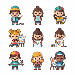 Cute cartoon characters of diverse children painting and drawing, featuring art supplies on a white background.