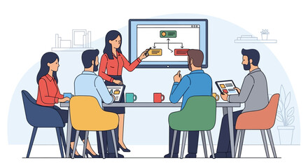 Business Team Meeting Presenting a Flowchart Diagram.