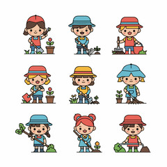 Cute collection of cartoon children gardening and farming, depicting various planting, digging, and cultivation activities in a cheerful style.
