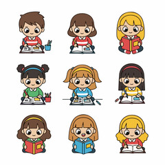 Set of nine diverse cartoon children happily engaged in learning activities like reading and writing, isolated vector illustration.