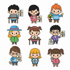 Adorable vector set of people researching genealogy, ancestry, and family history education, isolated on white.